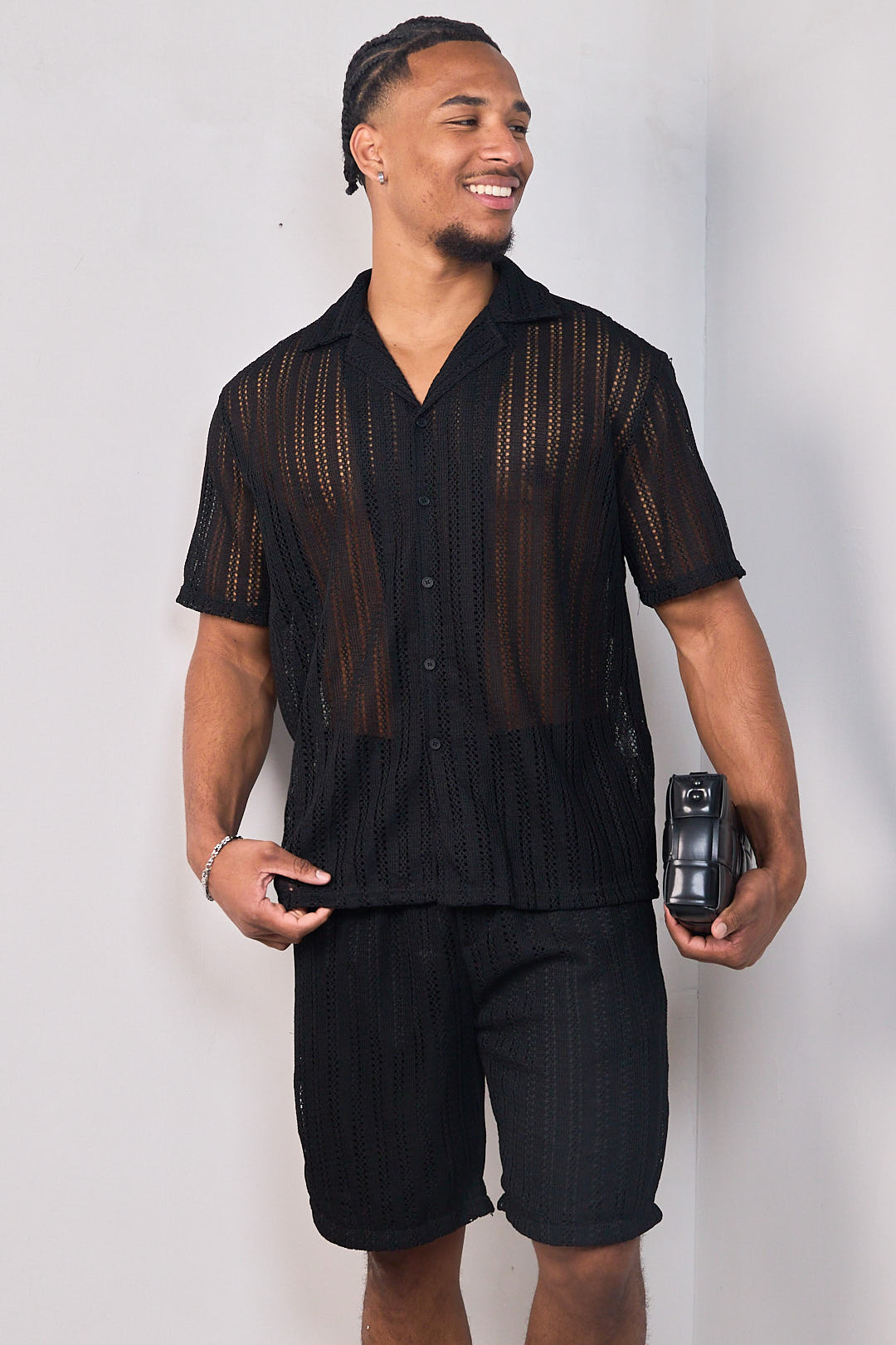 Ensemble 2 pièces en maille chemise + short noir