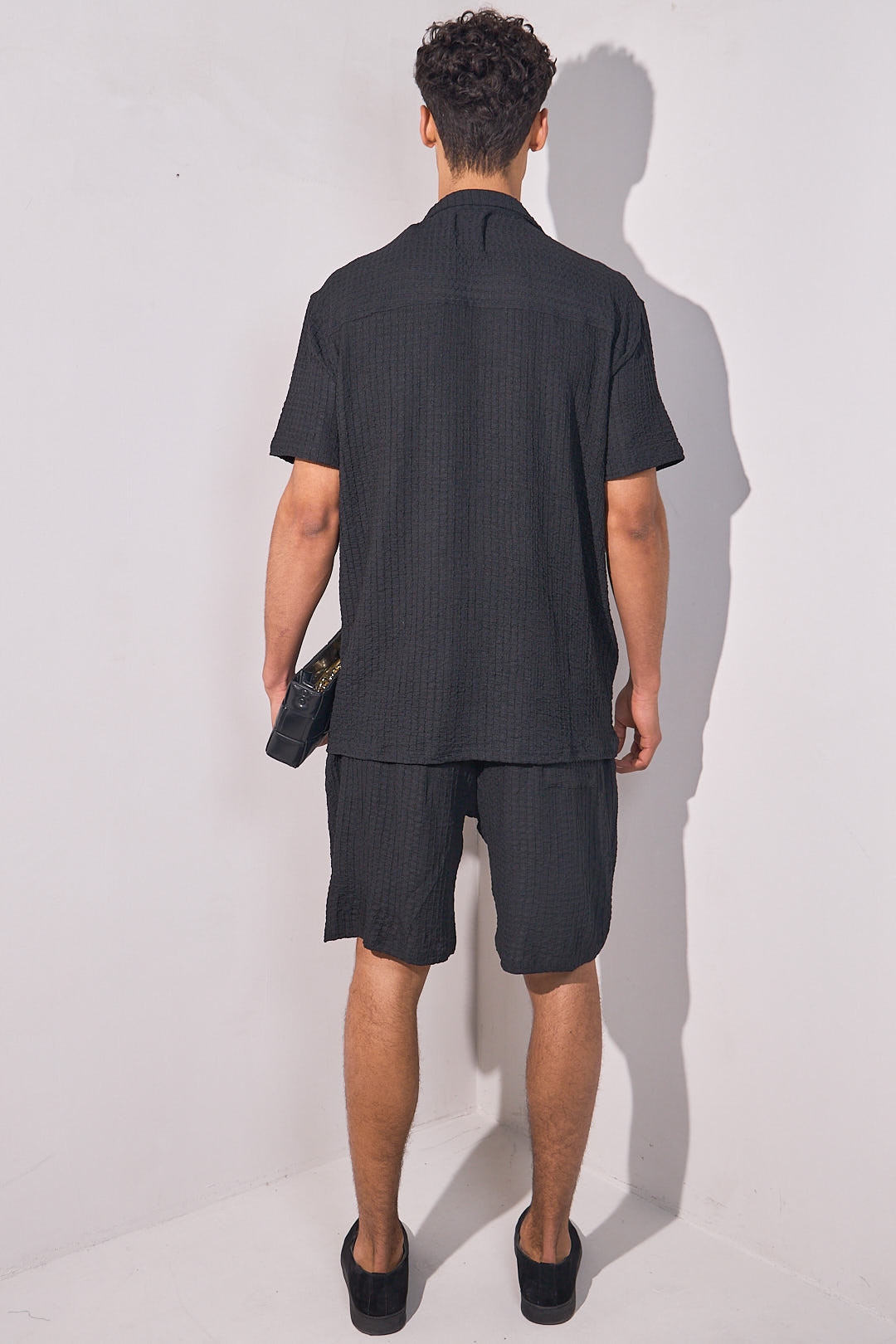 Ensemble 2 pièces noir effet gaz de coton chemise + short