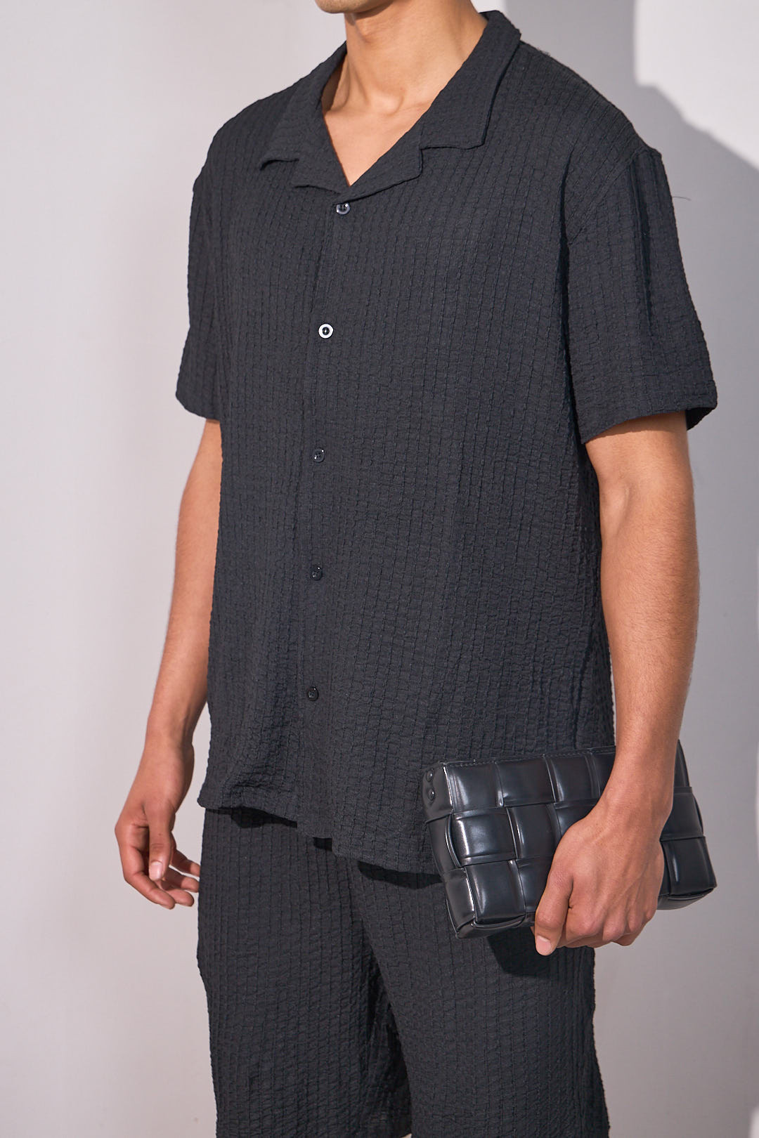 Ensemble 2 pièces noir effet gaz de coton chemise + short