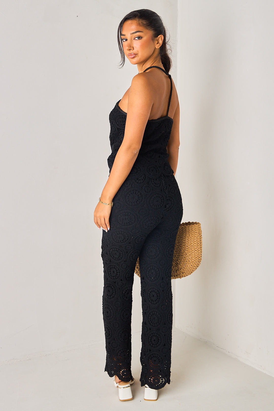 Ensemble 2 pièces noir en crochet ajouré top + pantalon