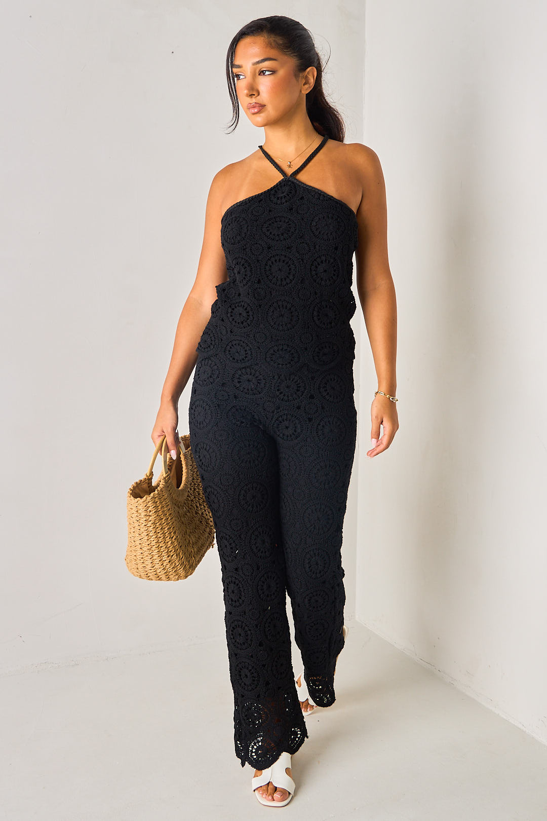 Ensemble 2 pièces noir en crochet ajouré top + pantalon