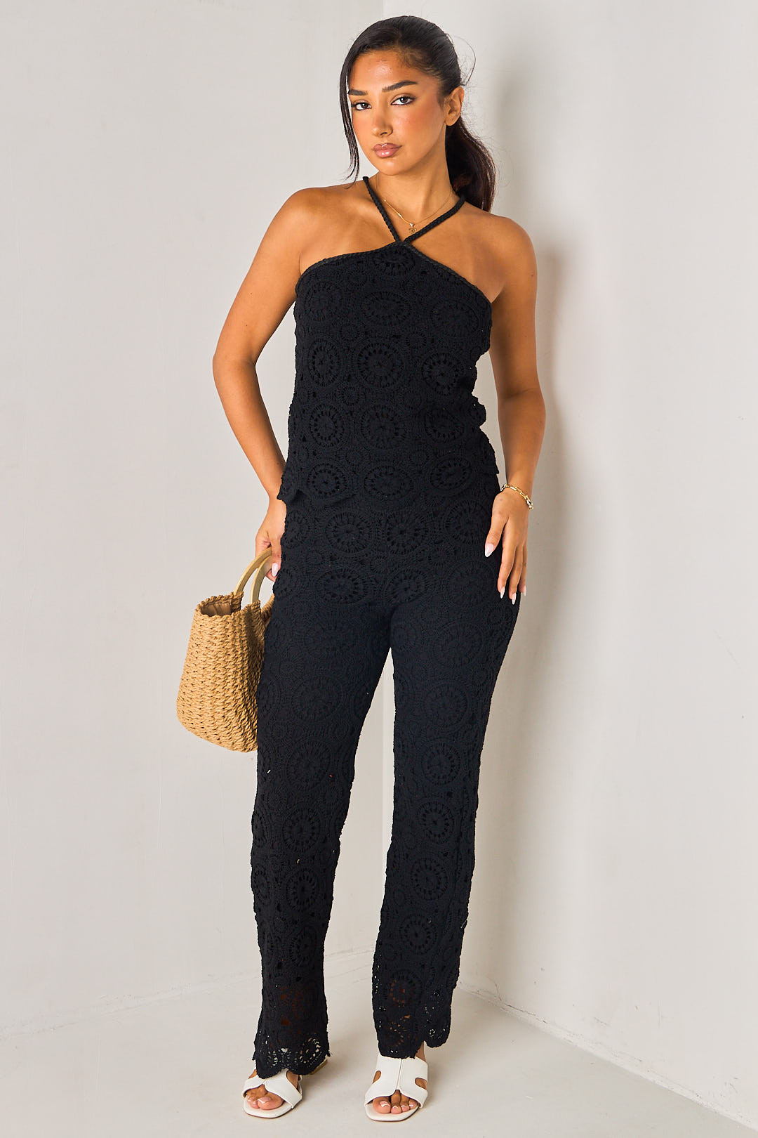 Ensemble 2 pièces noir en crochet ajouré top + pantalon