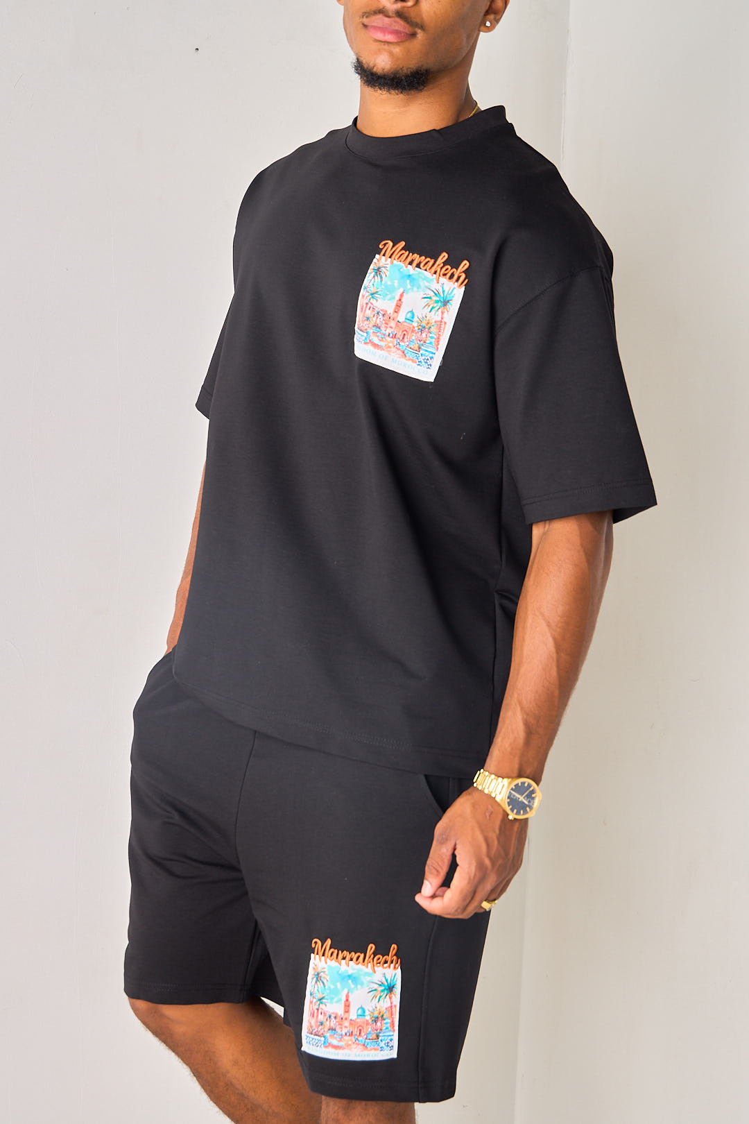 Ensemble 2 pièces noir et orange tee-shirt + short "Marrakech"