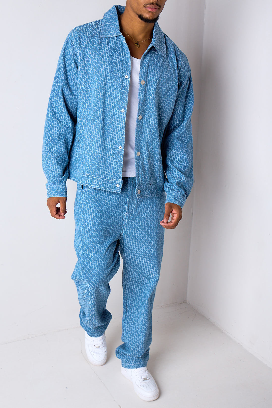 Ensemble 2 pièces en jean à motifs veste + pantalon bleu clair
