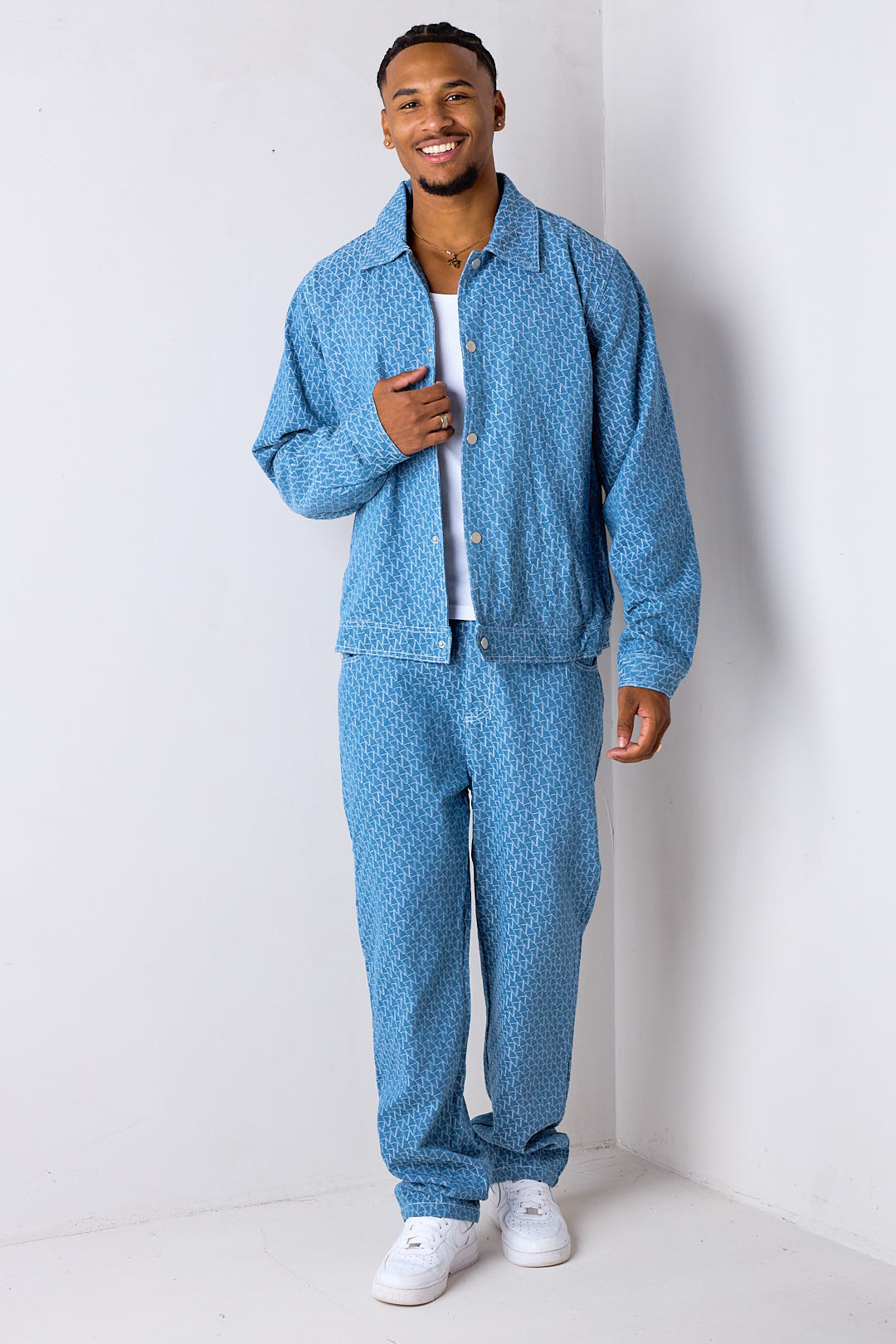 Ensemble 2 pièces en jean à motifs veste + pantalon bleu clair
