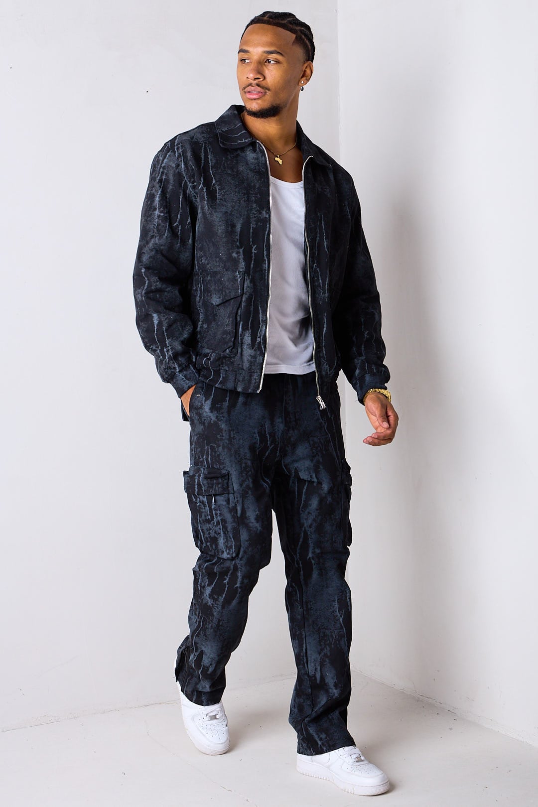 Ensemble 2 pièces effet marbré délavé veste + pantalon noir