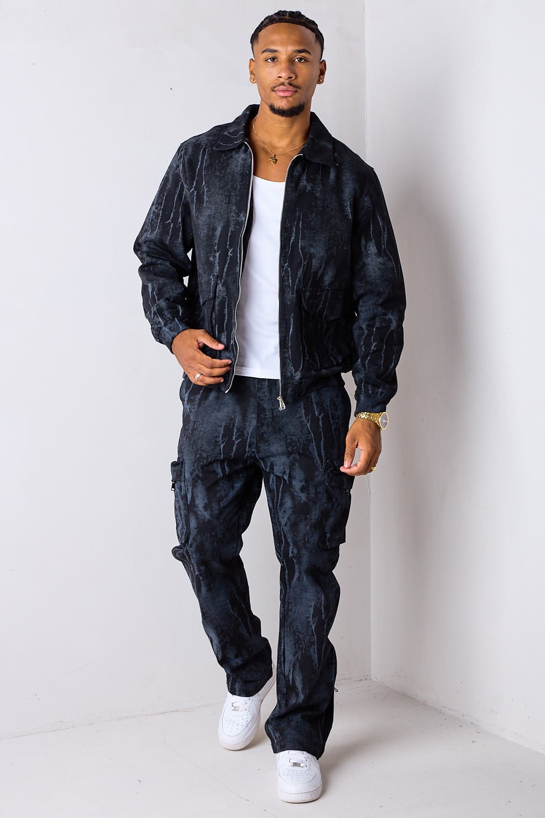 Ensemble 2 pièces effet marbré délavé veste + pantalon noir