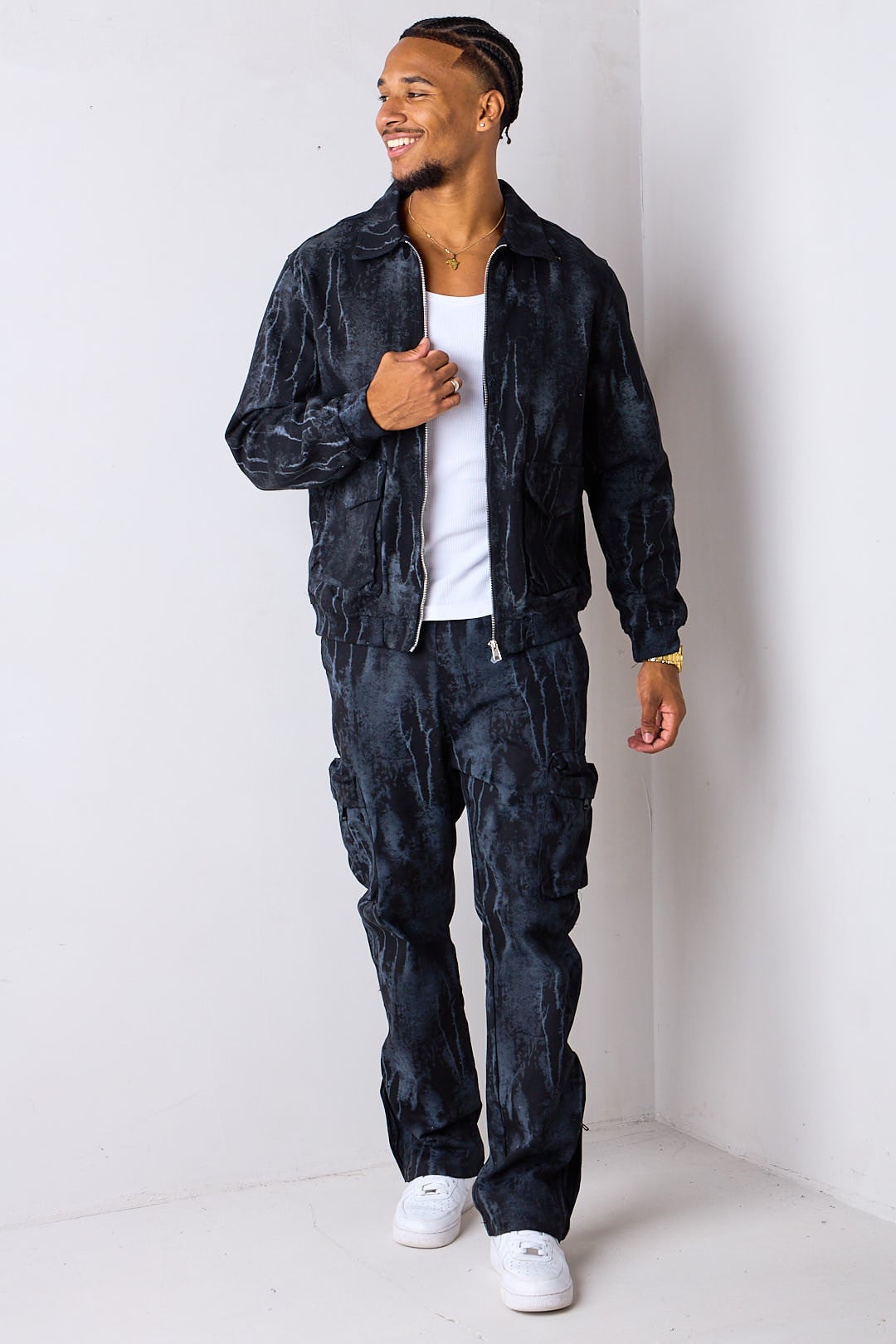 Ensemble 2 pièces effet marbré délavé veste + pantalon noir