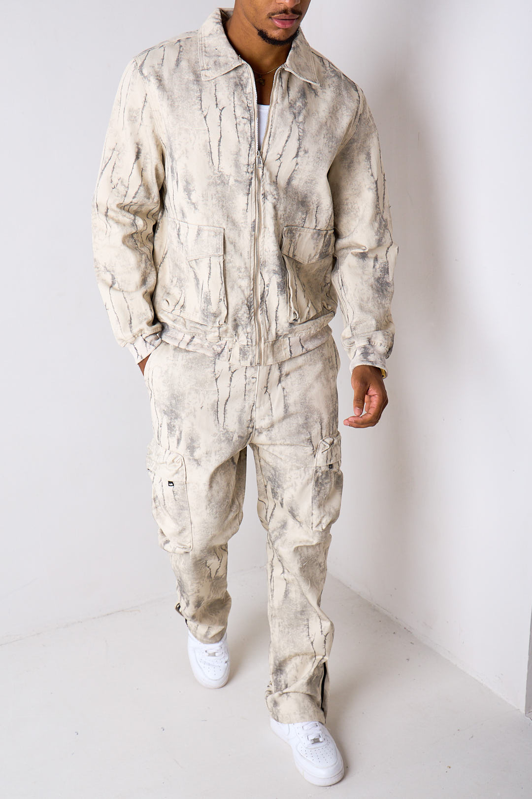 Ensemble 2 pièces effet marbré délavé veste + pantalon beige