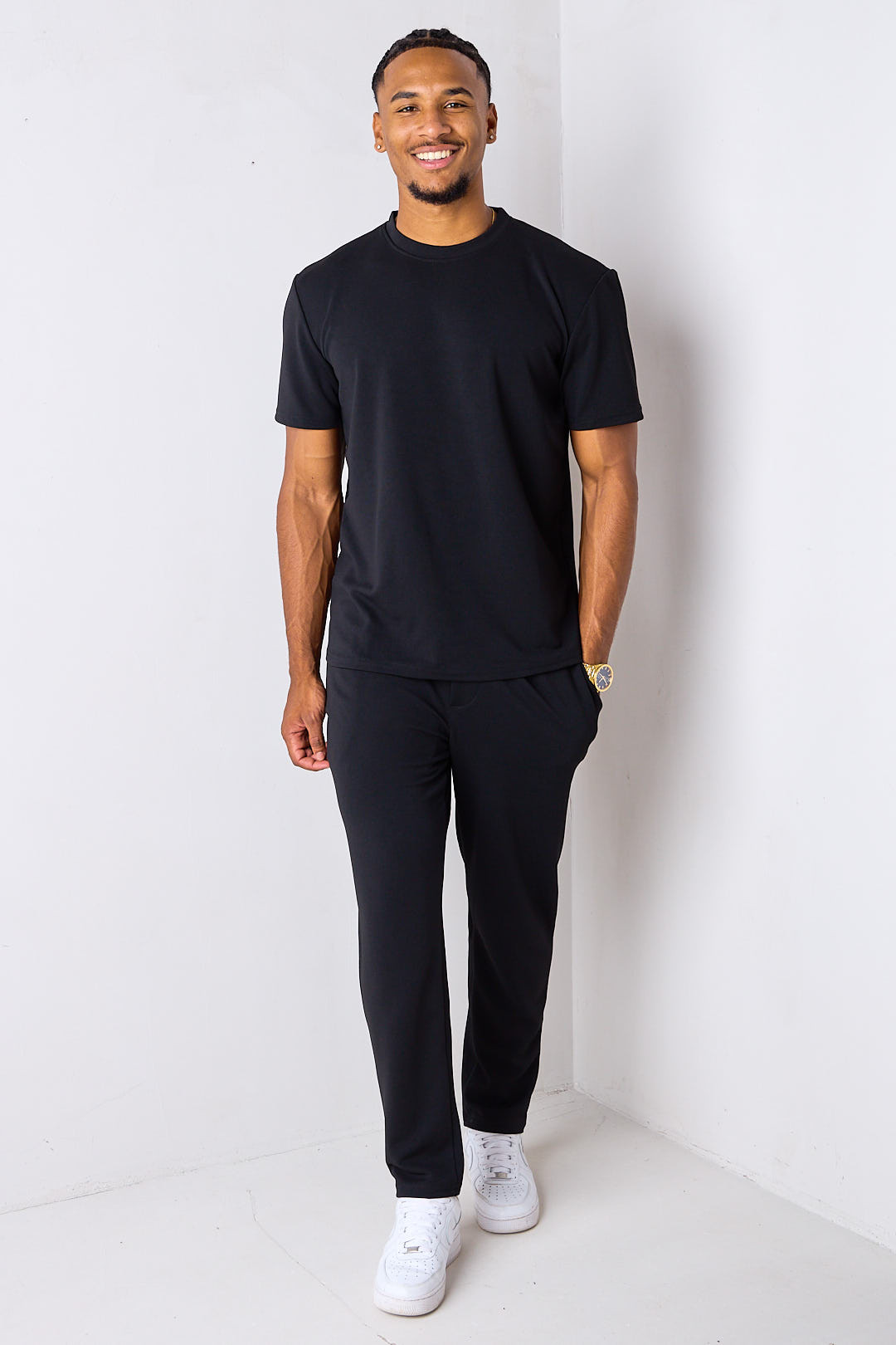 Ensemble 2 pièces noir en maille piquée haut + pantalon