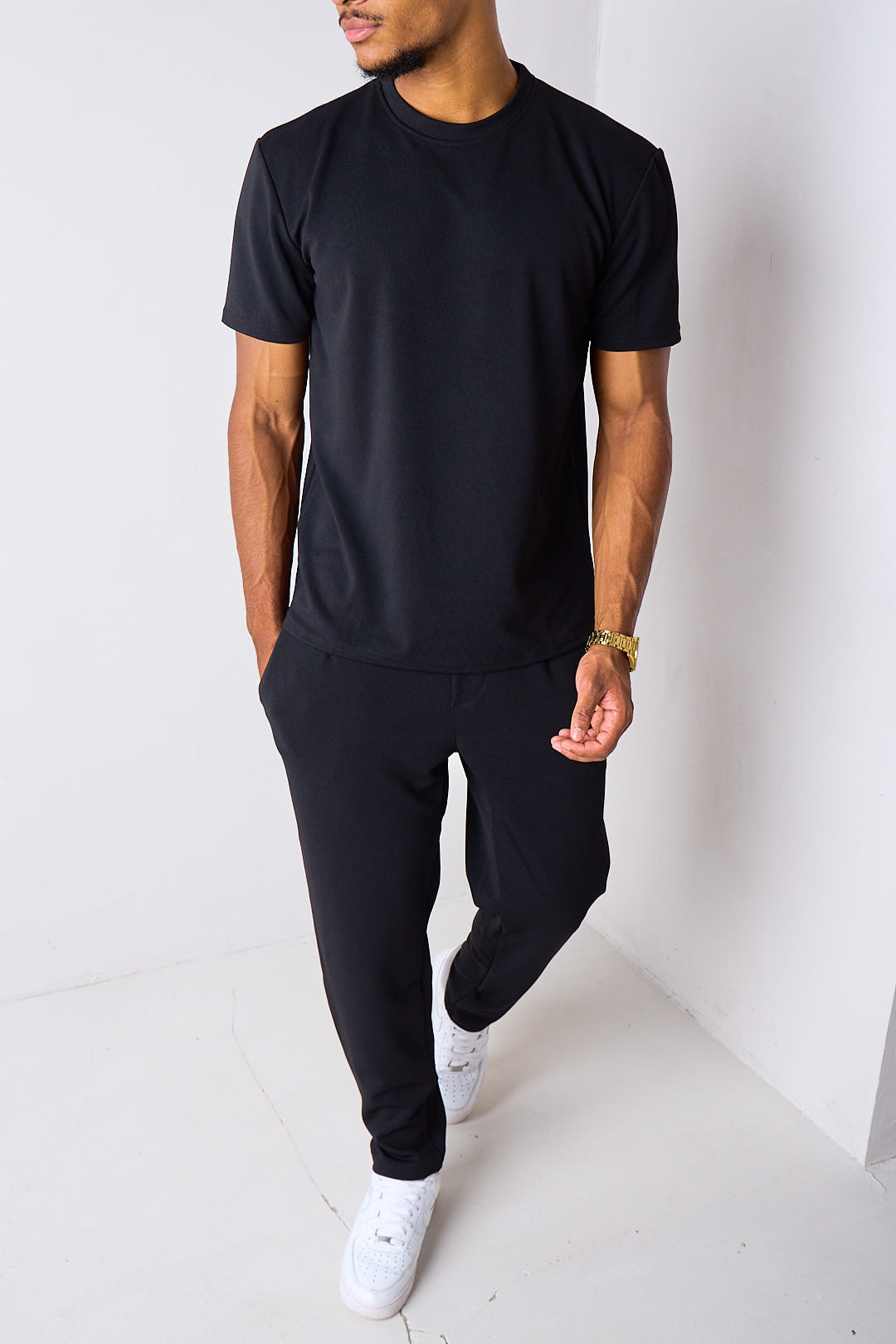 Ensemble 2 pièces noir en maille piquée haut + pantalon