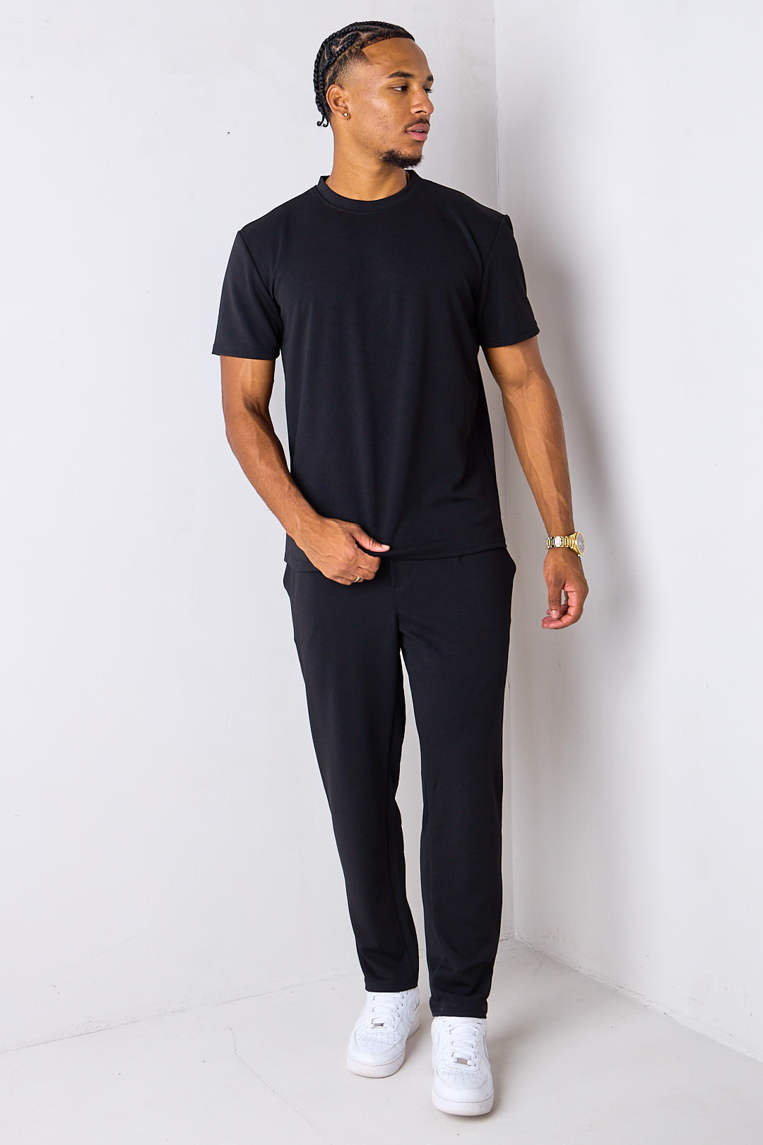 Ensemble 2 pièces noir en maille piquée haut + pantalon