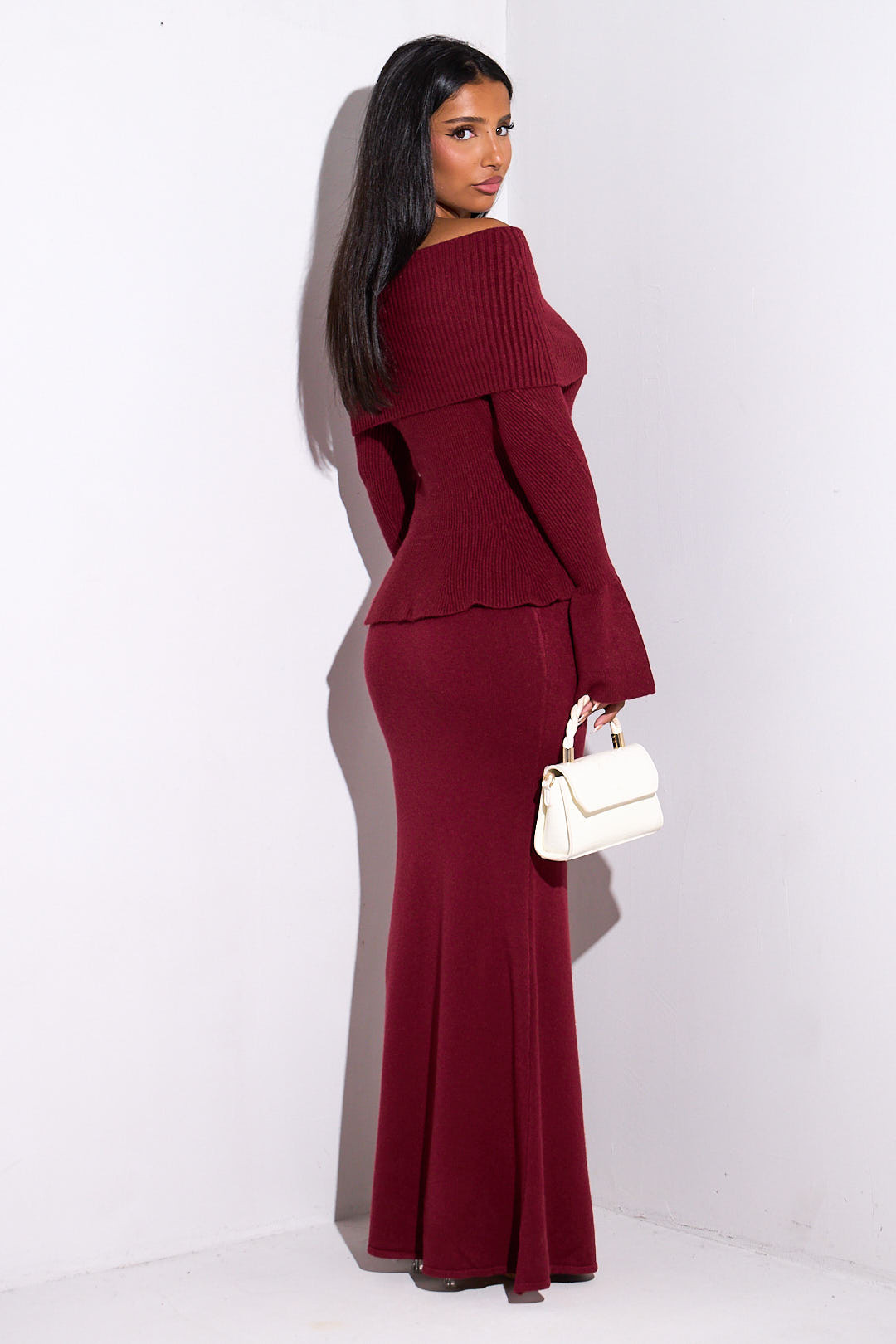 Ensemble 2 pièces pull  + jupe côtelé bordeaux