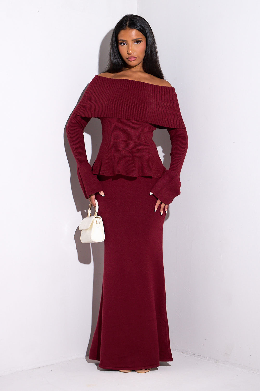 Ensemble 2 pièces pull  + jupe côtelé bordeaux