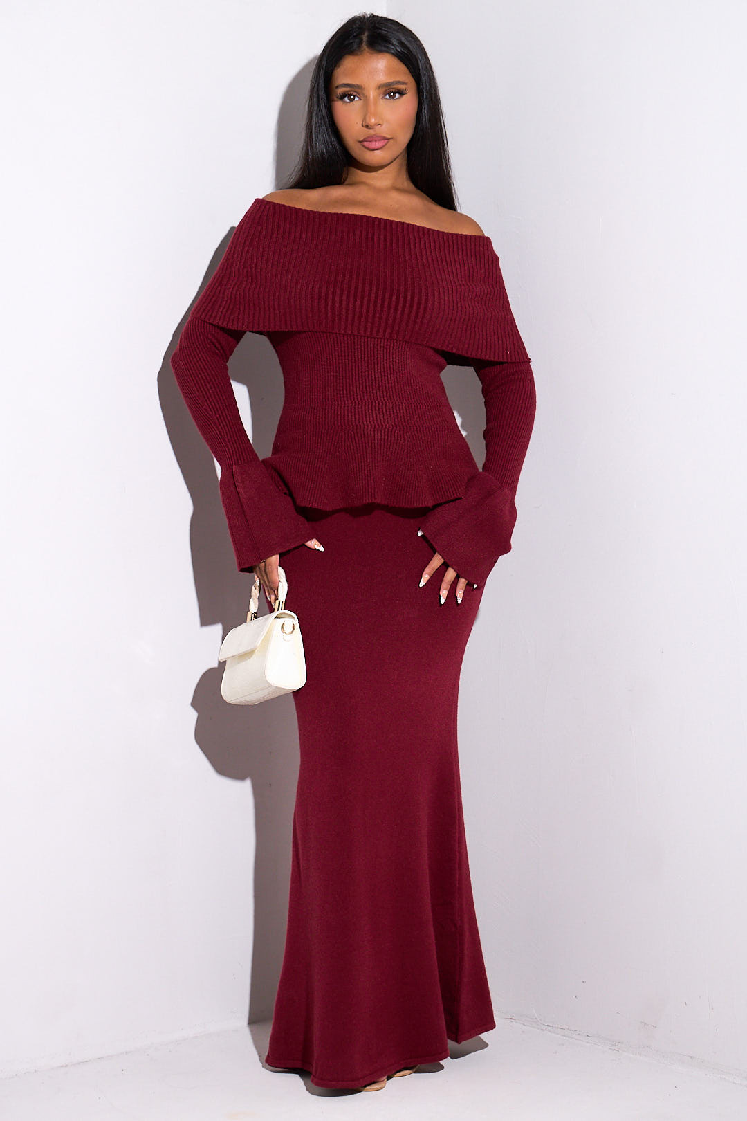 Ensemble 2 pièces pull  + jupe côtelé bordeaux