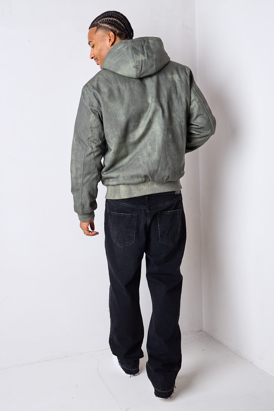 Manteau court kaki délavé à doublure fausse fourrure