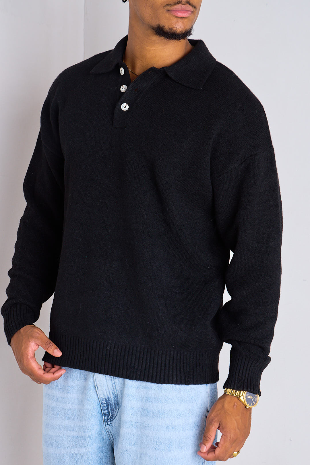 Pull en laine noir à col chemise