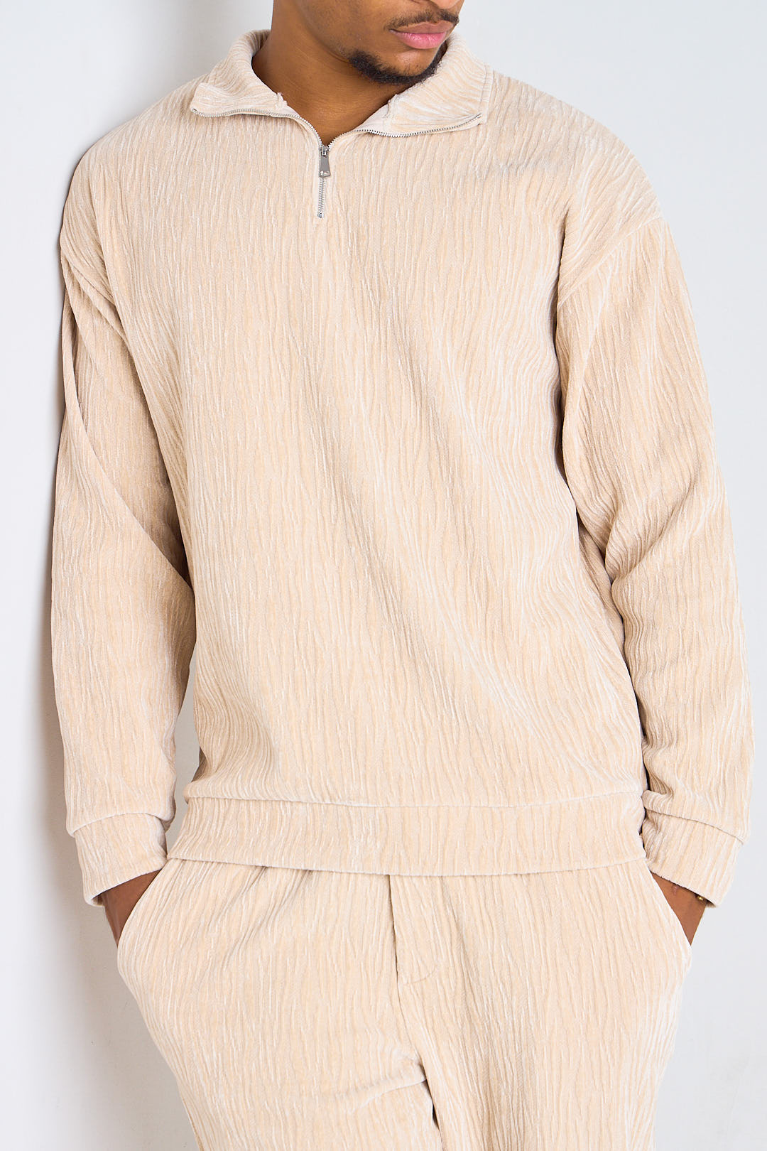 Ensemble 2 pièces en velours texturé beige pull à zip + pantalon