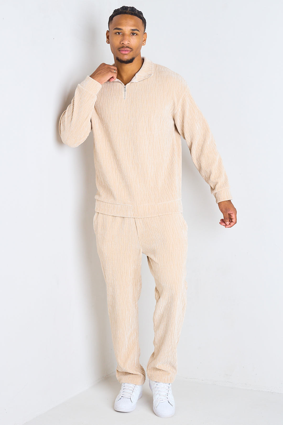 Ensemble 2 pièces en velours texturé beige pull à zip + pantalon