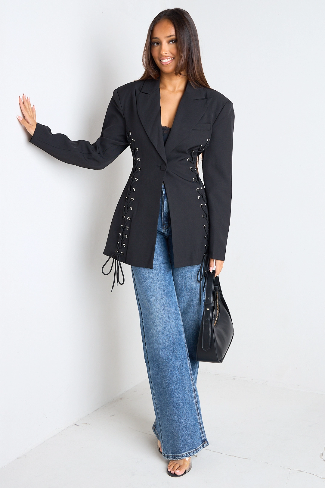 Veste manches longues noire avec effets tressés à col rabat style blazer