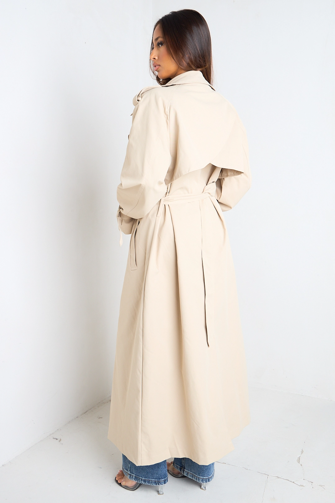 Veste longue style trench beige