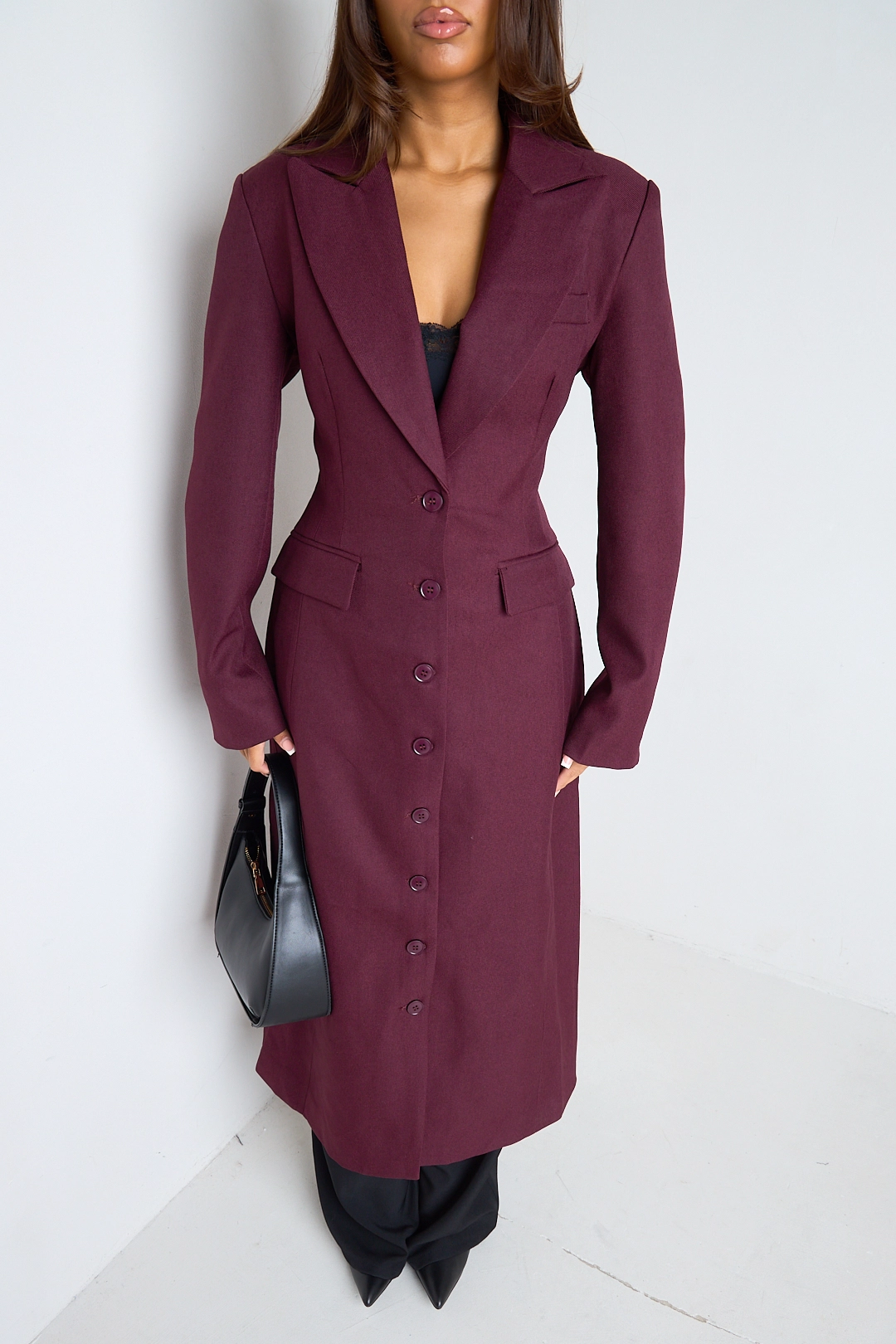 Manteau style blazer long cintré bordeaux