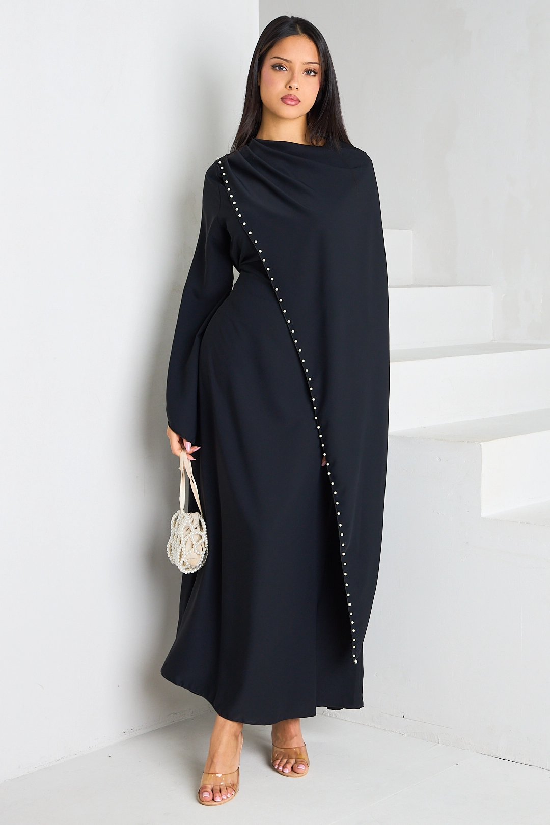 Abaya manches longues pagode effet drapé et perlé noire