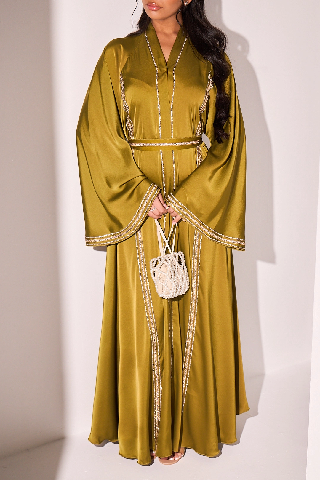 Abaya vert olive à strass bicolore en bandes + voile
