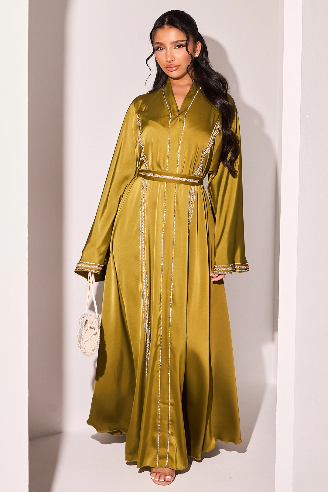 Abaya vert olive à strass bicolore en bandes + voile