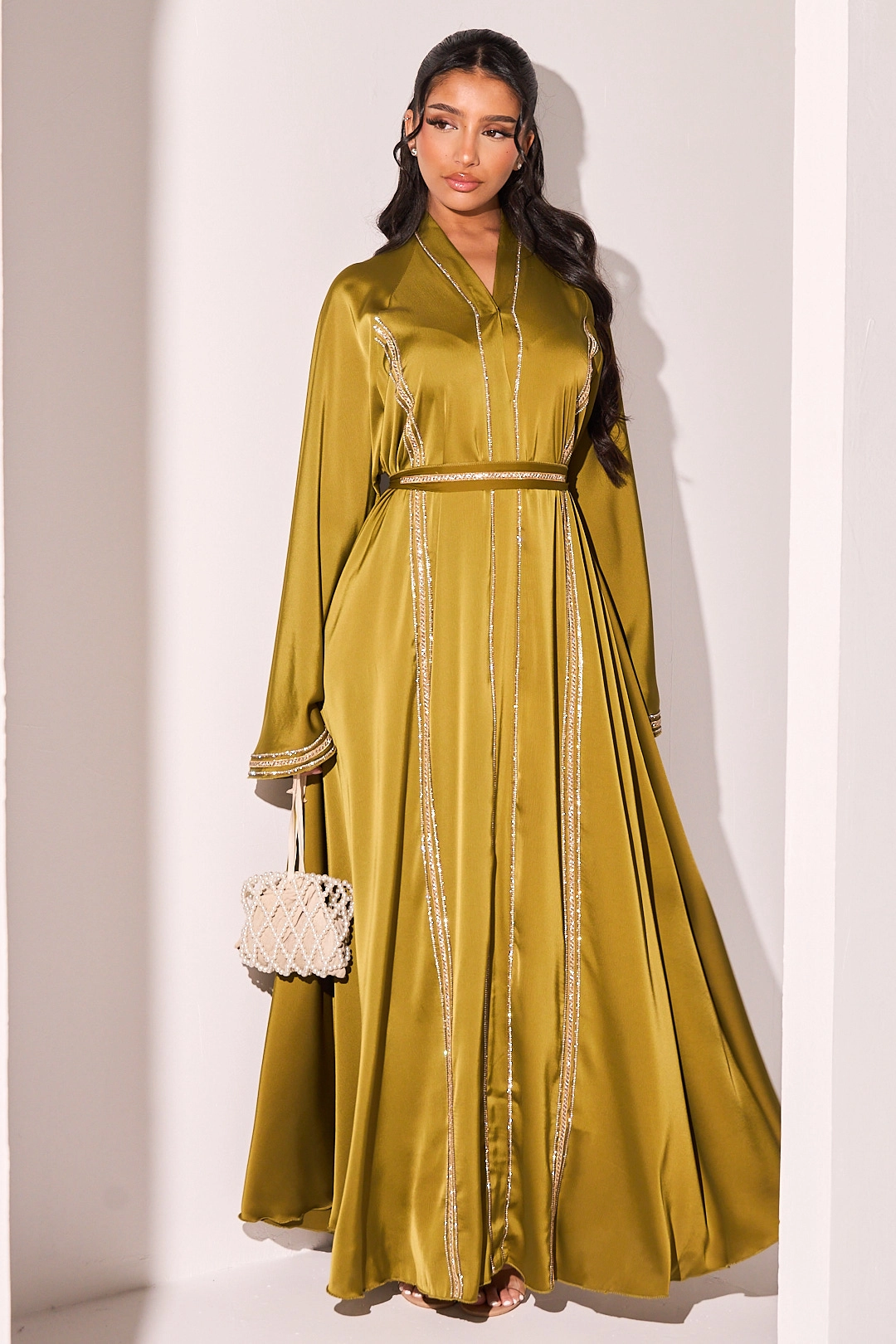 Abaya vert olive à strass bicolore en bandes + voile