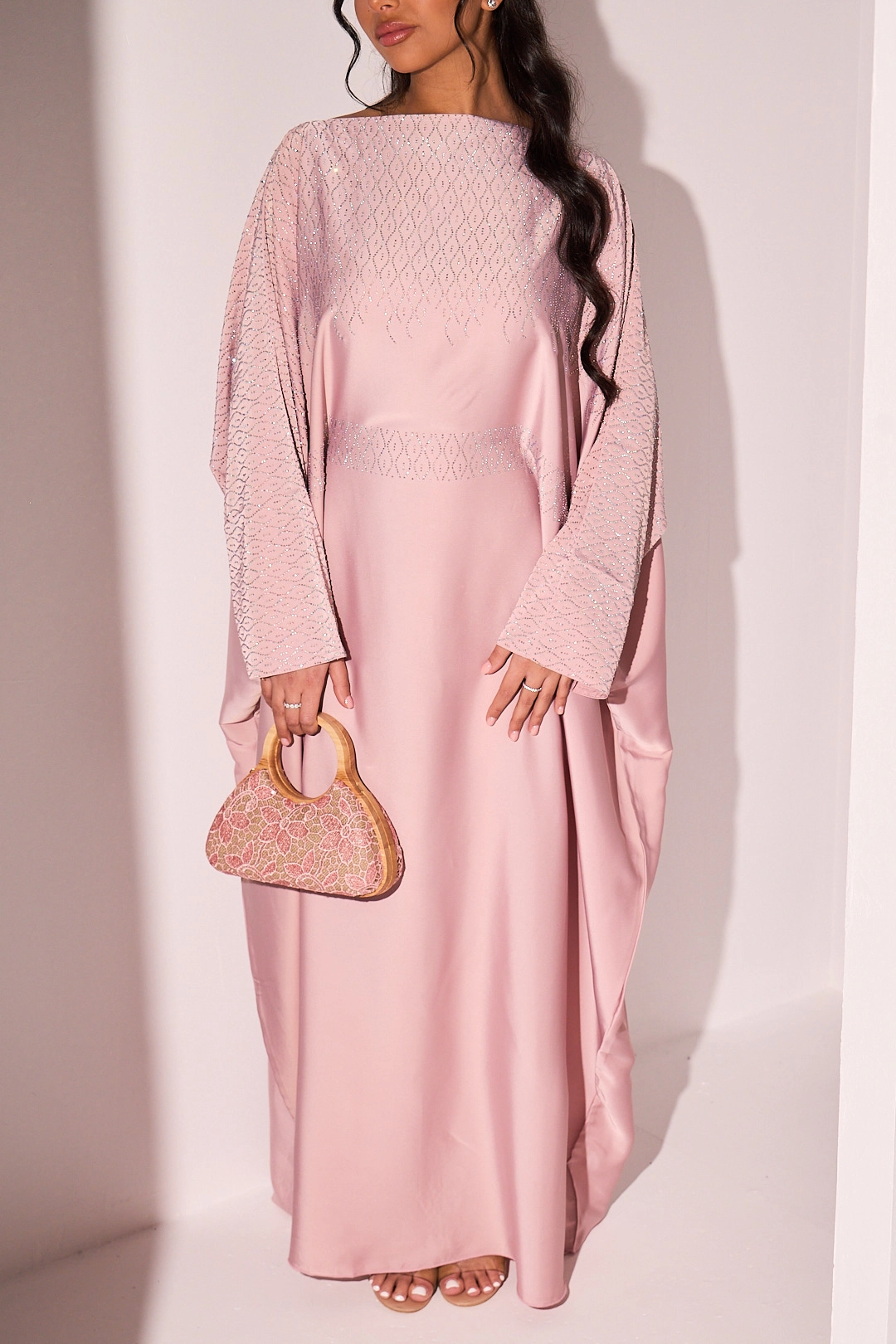 Abaya rose à strass en vagues argentées