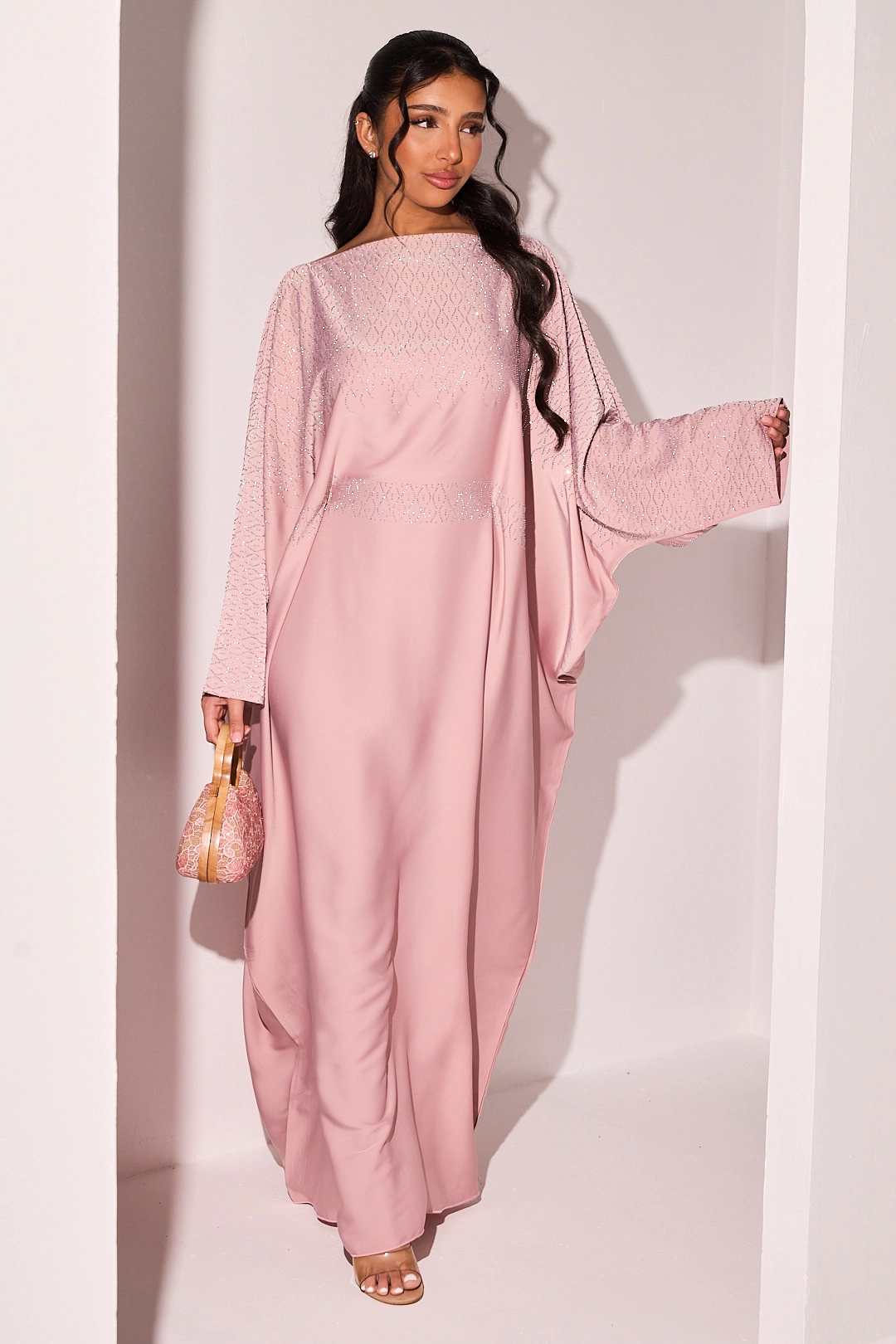 Abaya rose à strass en vagues argentées