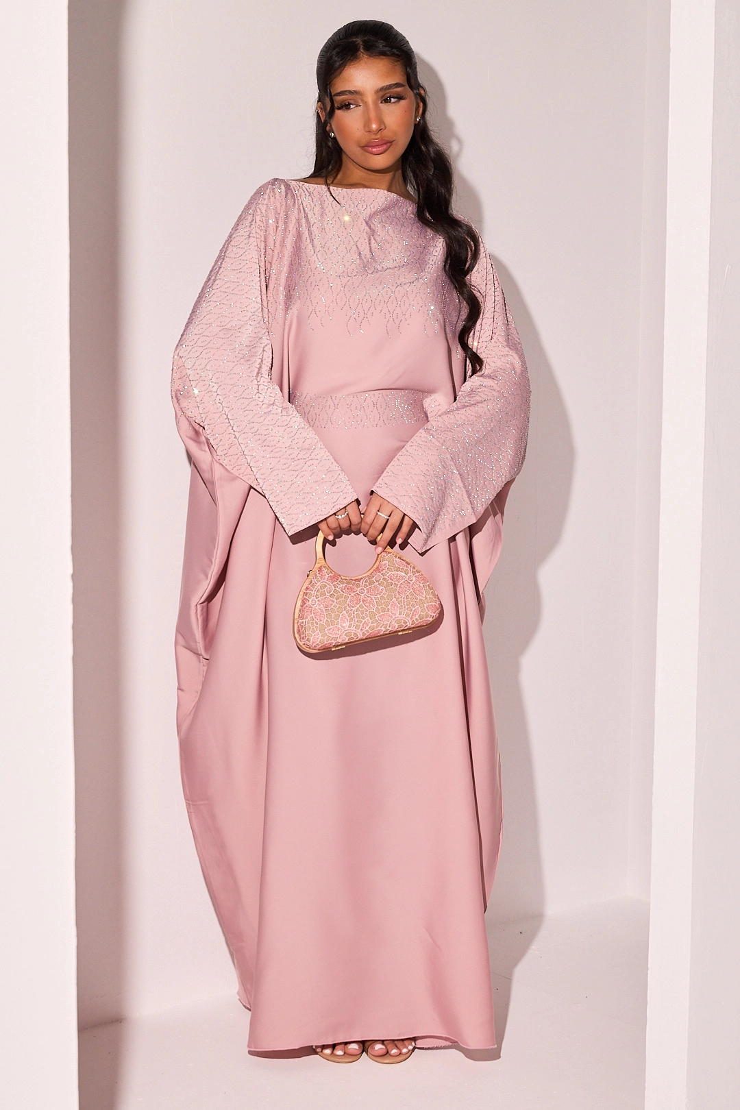 Abaya rose à strass en vagues argentées