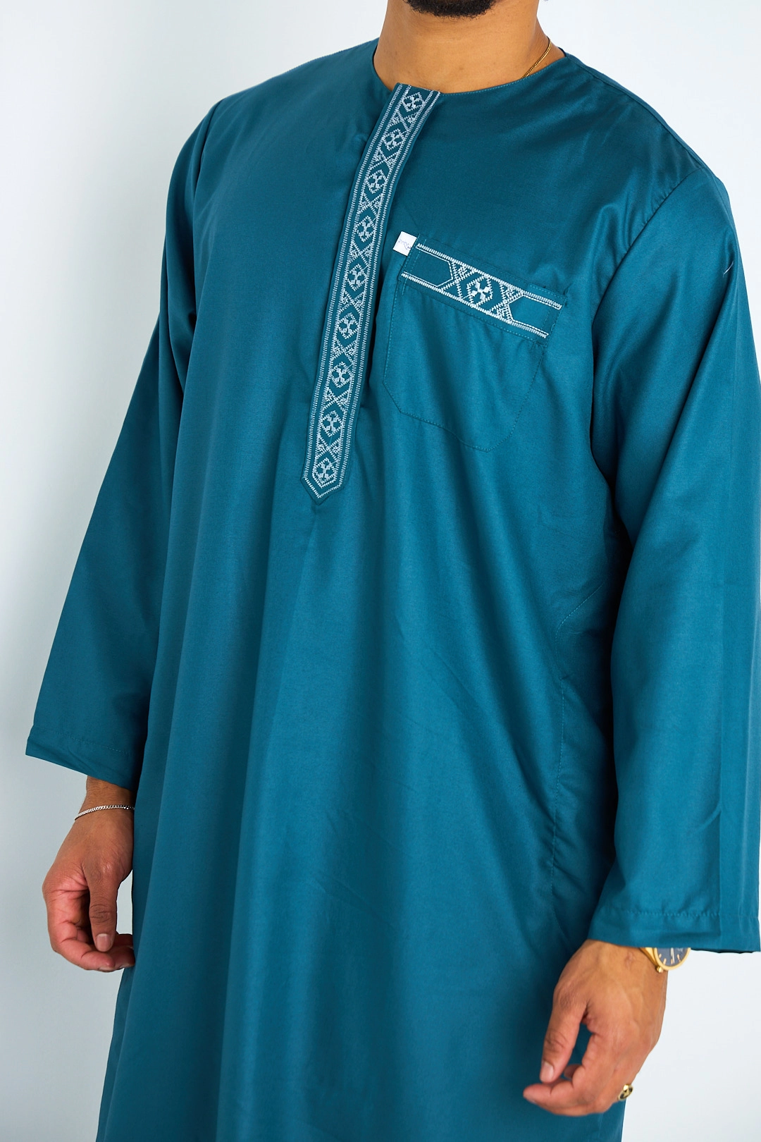 Ensemble 2 pièces : qamis + pantalon bleu canard à motif géométrique