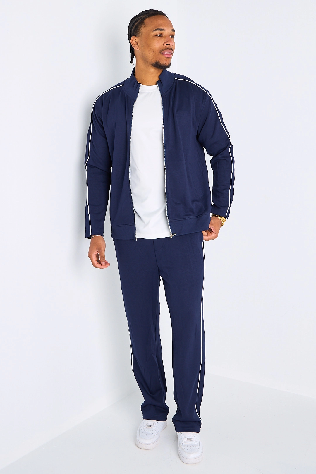 Ensemble 2 pièces : veste + jogging à bandes fines blanches doux bleu foncé