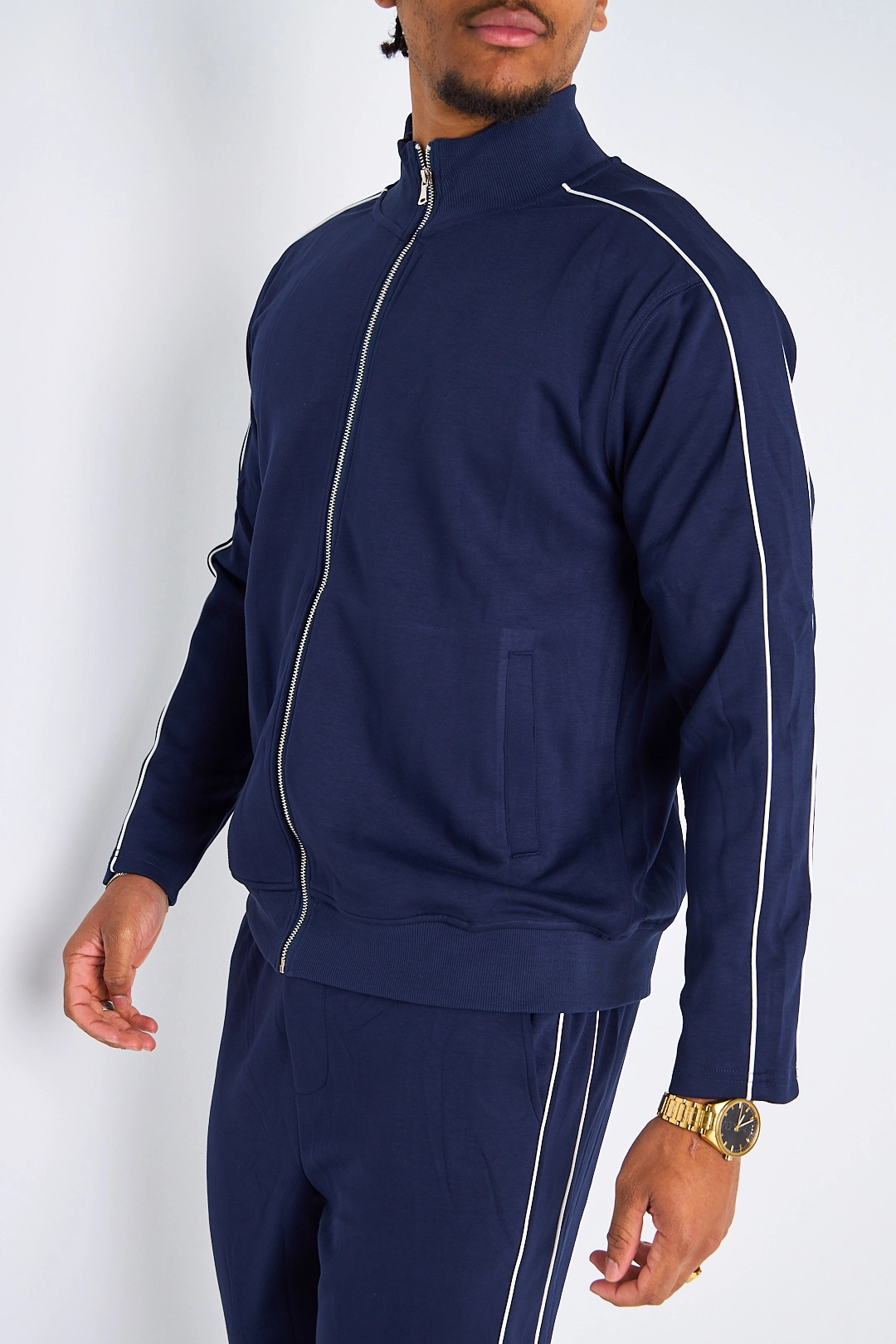 Ensemble 2 pièces : veste + jogging à bandes fines blanches doux bleu foncé