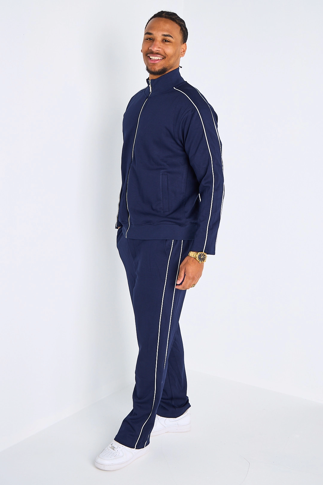 Ensemble 2 pièces : veste + jogging à bandes fines blanches doux bleu foncé