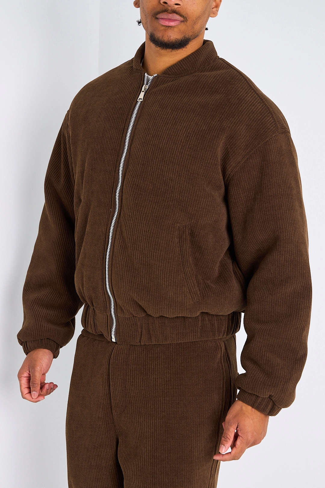 Ensemble deux pièces marron veste + pantalon effet velour côtelé