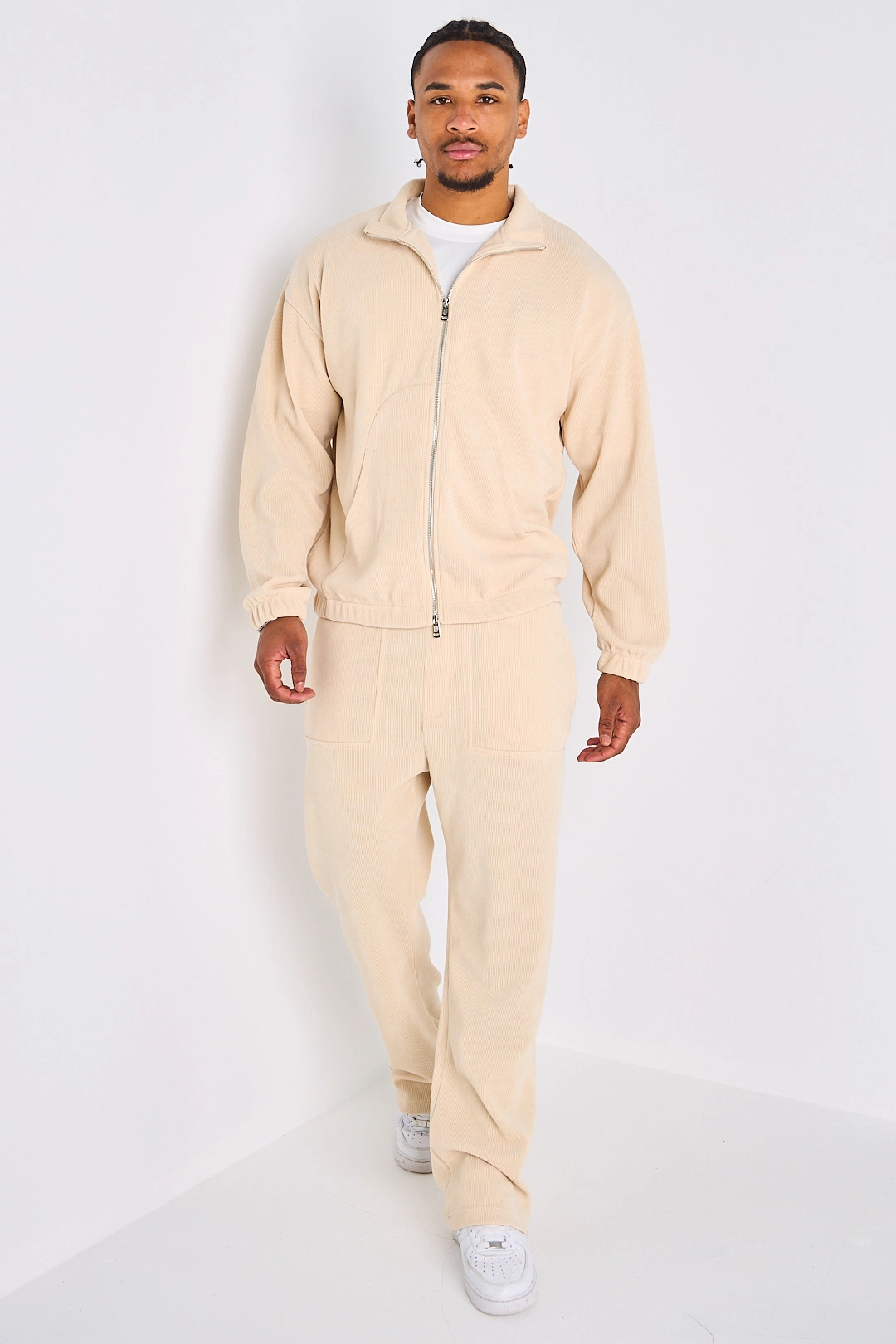 Ensemble 2 pièces : veste zippée + jogging côtelé beige