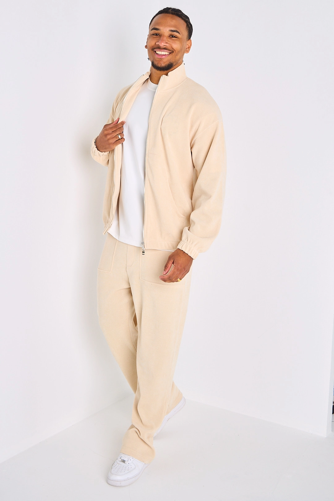 Ensemble 2 pièces : veste zippée + jogging côtelé beige
