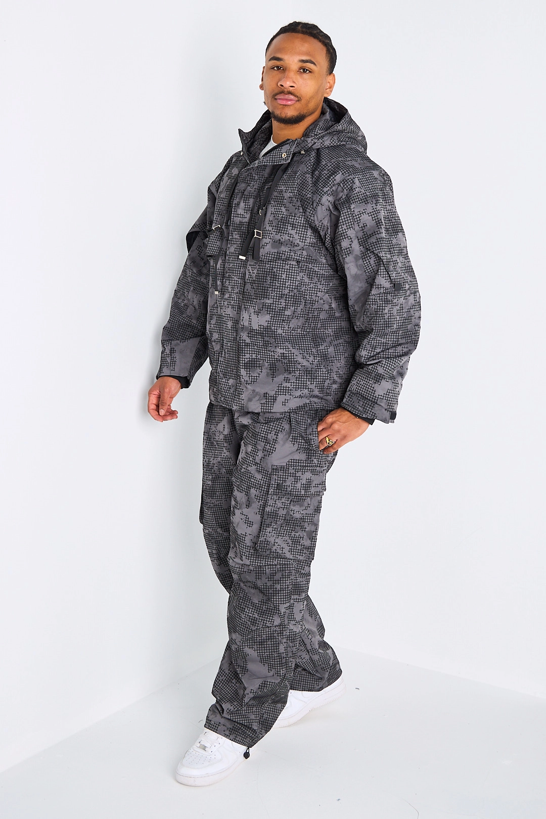 Ensemble 2 pièces veste + pantalon effet quadrillage gris
