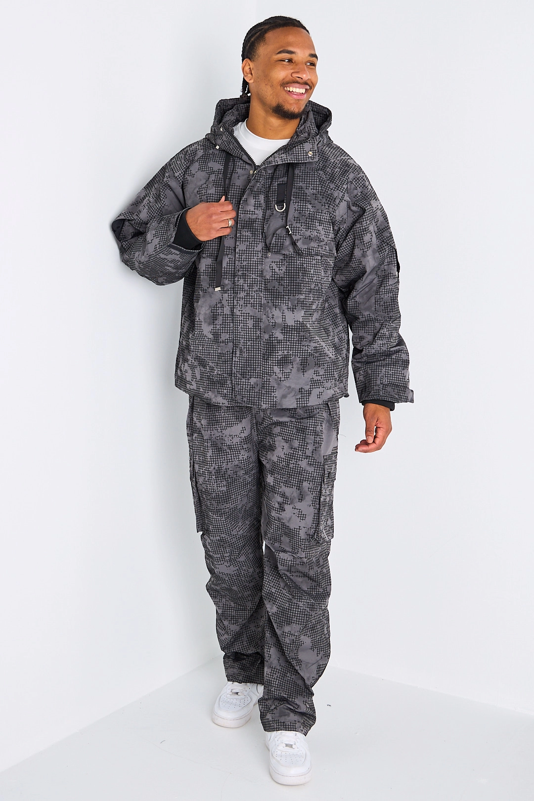 Ensemble 2 pièces veste + pantalon effet quadrillage gris