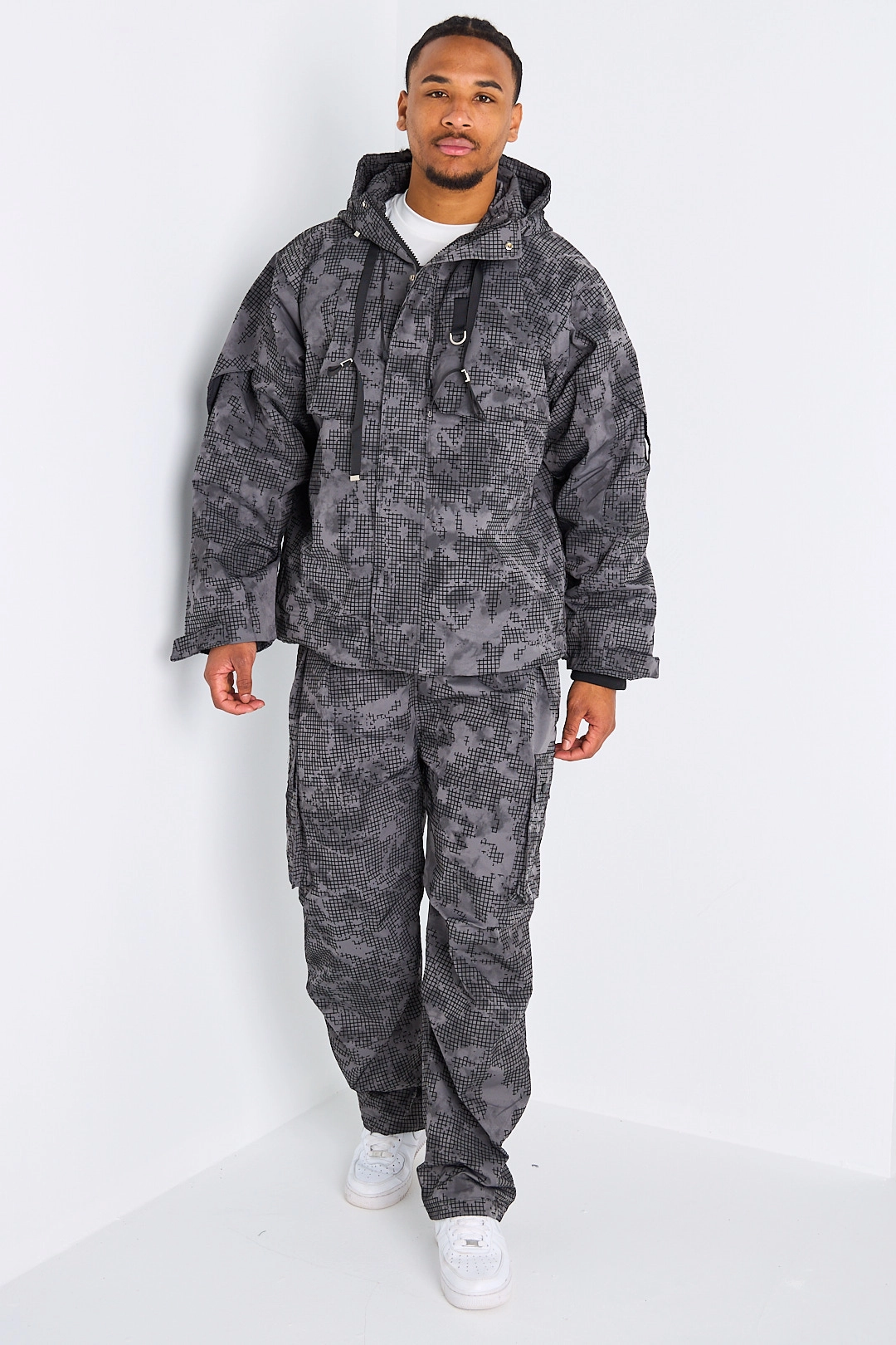 Ensemble 2 pièces veste + pantalon effet quadrillage gris