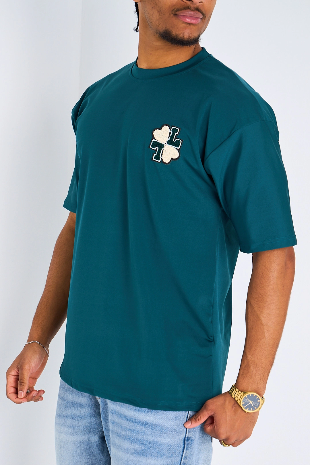 T-shirt manches courtes à inscriptions sur la poitrine bleu canard