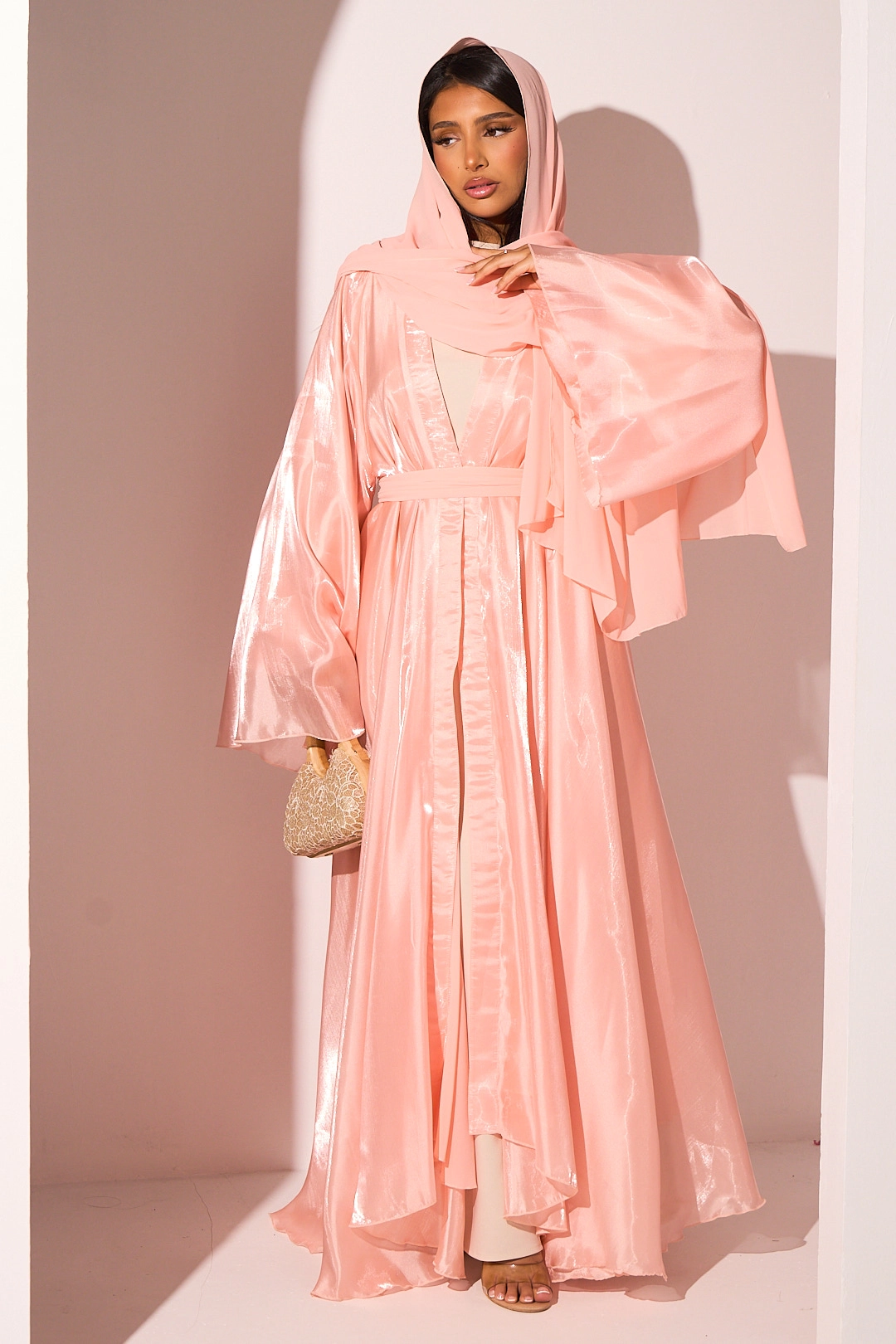 Kimono avec intérieur effet satiné et voile corail