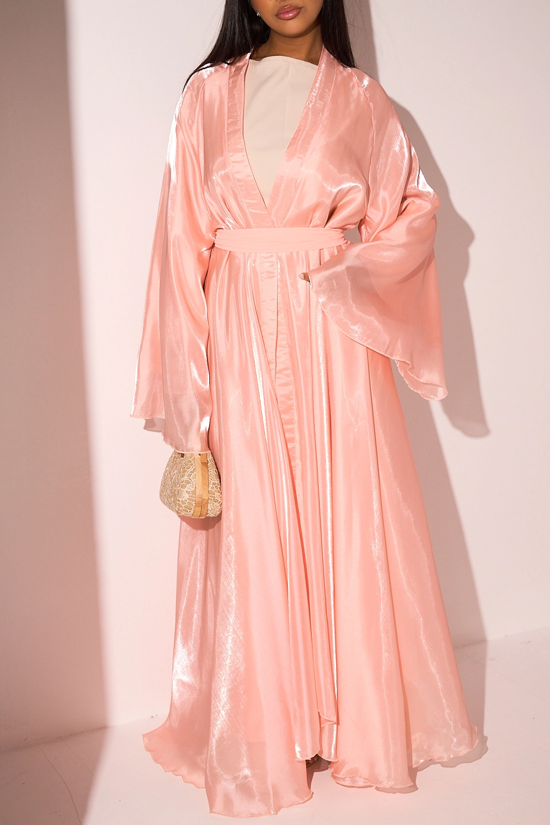 Kimono avec intérieur effet satiné et voile corail