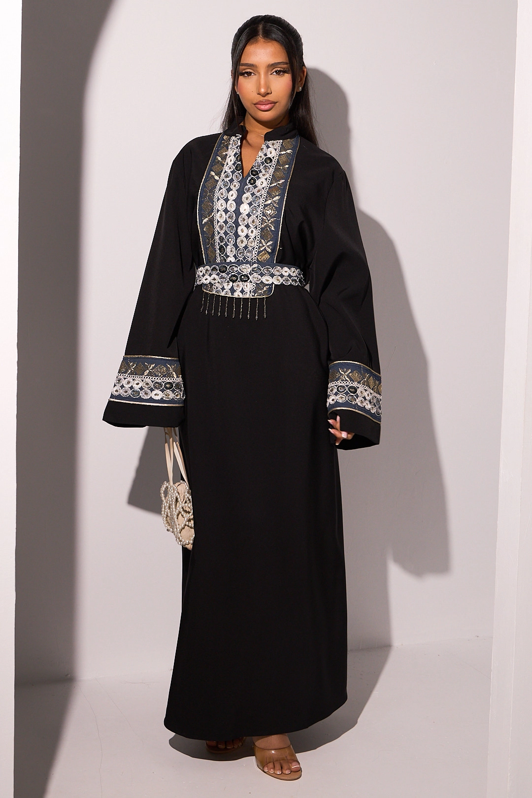 Abaya bicolore noire et effet Jean à strass et broderies