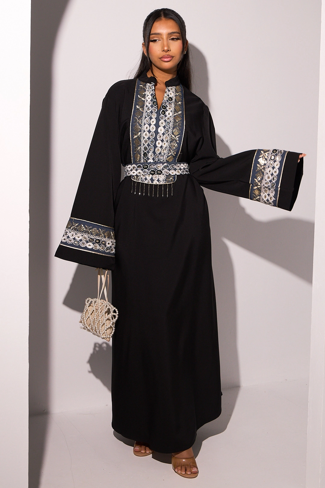 Abaya bicolore noire et effet Jean à strass et broderies