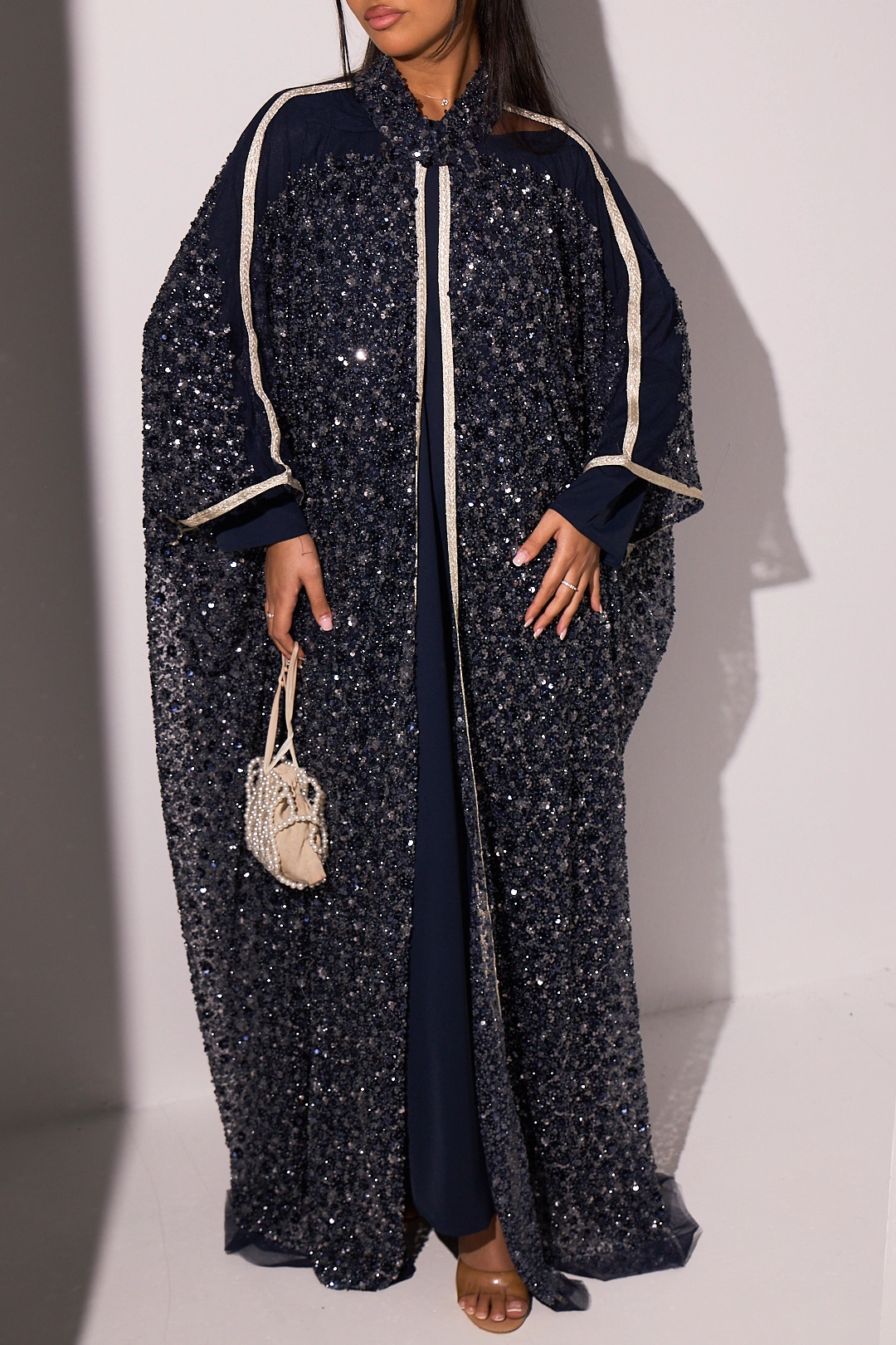 Ensemble deux pièces bleu marine robe + kimono à sequins bleu marine et argenté