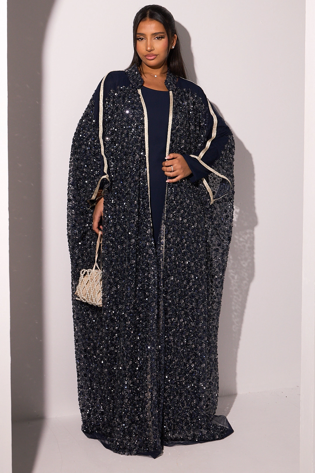 Ensemble deux pièces bleu marine robe + kimono à sequins bleu marine et argenté
